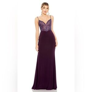 Mac Duggal Amethyst Mixed Media Embellished Lace Sheath Gown 50709
